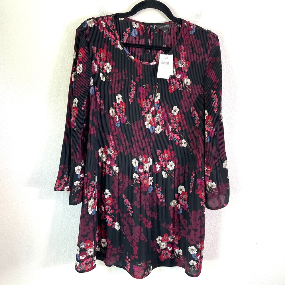 NEW‎ $109 J Jill Wearever Womens Large Black Floral Pleated Tunic Top Shirt